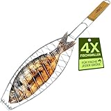 ToCi 4X Fischgriller (Silber) mit Holzgriff | Große Fischbräter Gemüsekorb aus Metall (57 x 13 cm) | Grillfisch Rack Fischgrillzange Fischkorb für Grill und BBQ
