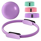 Trintion 14 Zoll Pilates Ring Set Magic Circle Mit Doppelt Gepolsterten Griffen 3 Widerstandsbändern (20/30/45 LBS) Rutschfestem Miniball Trainingsanleitung und Tragetasche (Lila)