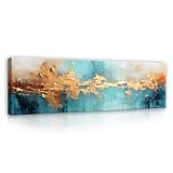 Bilder Abstrakt blau gold 145x45 cm - Modern Panorama Leinwandbild Groß XXL für Wohnzimmer Schlafzimmer Wandbild Kunstdruck Wandbilder Leinwandbilder Canvas Wand Bild auf Leinwand Aufhängefertig
