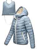 MARIKOO Damen leichte Übergangsjacke Kurze Steppjacke mit innen eingenähter Tragetasche zum einfachen Verstauen und praktischem Umhängen der Jacke Pack Mich EIN Powder Blue Gr. M
