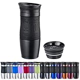 WELLGRO Thermobecher 400 ml + 1 Extradeckel - Edelstahl rostfrei - Silikon Soft-Touch Griffstück - BPA-frei - Isolierbecher doppelwandig - Travel Mug - Kaffeebecher to go, Farbe:Schwarz Matt