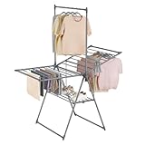SONGMICS Wäscheständer, zusammenklappbar, Wäschetrockner mit 2 Ebenen, Flügelwäscheständer, freistehend, 1 obere Hängestange, 2 höhenverstellbare Flügel, 24 Stangen, platzsparend, grau LLR521G01