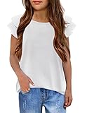 Arshiner Mädchen T-Shirts Gewellte Ärmel Kinder Sommer Rundhals Kurzarm Oberteile Lässig Mode Einfarbig Tshirt für Mädchen 7-8 Jahre Weiß