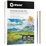 Artecho Aquarellpapier A4 300g 40 Blatt mit Aquarellpinsel und Bleistift, Weiß Aquarellblock 21×29.7 cm, Malblock für Aquarell, Acryl, Zeichnen, Malen.