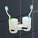 IPEA Zahnputzbecher Selbstklebender zur Wandmontage mit Doppelbecher - Kein Bohren erforderlich - Modernes Design - Zahnbürstenhalter für Zahnbürsten Zahnpasta für Bad, Dusche – Verchromte-Halterung