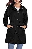 Wasserdichter Regenmantel mit Kapuze für Damen, Windjacke, Trenchcoat mit Taschen, schwarz, Medium