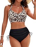 HUTRADE Bikini Damen Set mit hoher Taille und Kordelzug zur Bauchkontrolle, überkreuzter Badeanzug mit Bindeband hinten (DE/NL/SE/PL, Alphanumerisch, XL, Regular, Regular, Leopard+Schwarz)