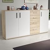 Forte IKOLI Kommode 160, Moderne Kommode, 3-türig, 4 Schubladen, Wohn-/Schlafzimmer, Flur, Holzwerkstoff, Weiß mit Sonoma Eiche Holzdekor, 159,2 cm breit x 81,7 cm hoch x 31,4 cm tief