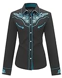 Besticktes Western-Cowboy-Hemd für Damen, Vintage-Stil, langärmelig, Button-Down-Shirt, Premium-Qualität, Snap-Front-Design, S-3XL, Schwarz-Grün, Mittel