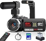 Videokamera 8K Camcorder 64MP WiFi Vlogging Kamera mit IR Nachtsicht für YouTube, 3-Zoll-Touchscreen, 18X Digitalzoom Webcam Camera mit Mikrofon,Stabilisator,Fernbedienung, 64GB SD Karte und Batterien