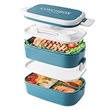 Beeptrum Bento Lunch Box stapelbar, 1400ml Behälter mit 4 Fächern und Besteck, auslaufsichere 2-Schicht-Boxen, für Erwachsene Kinder Büro, Mikrowelle spülmaschinenfest (Blau)