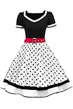 AXOE Damen 50er Jahre Kleider Rockabilly Petticoat Vintage mit Gürtel Weiß Schwarz Polka Dots, Gr.42, XL