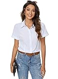 Atnlewhi Damen Kurzarm Knöpfen Hemden Basic Kent Kragen Arbeit Büro Stretch Slim Fit Formelle Casual Blusen - Weiß - M