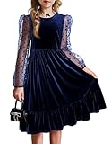 Arshiner Samtkleid Mädchen Langarmkleid Rüschen Freizeitkleid Puffärmeln Einfarbiges Kleid A Line Ballkleid Kinder Abendkleid Herbstkleid Festkleid Partykleid mit Taschen Blau 130/8-9 Jahre
