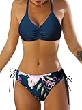 CUPSHE Damen Bikini Set V Ausschnitt Raffung Lace Up Bikini Bademode Reversible Bikinihose Blumenmuster Zweiteiliger Badeanzug Swimsuit Marineblau/Blume M