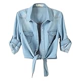 3/4-Ärmel, Tops für Damen, Denim-Shirt, gewaschene Jeansjacke, bauchfreies Top, Knoten, trendiger Cardigan, Übergröße, hellblau, 6XL