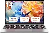 bvate 2025 Laptop 14 Zoll Win11 256GB SSD Unterstützung 1TB Notebook Celeron N4020(bis2.8GHz) 1080p WiFi BT4.2 Deutscher Tastaturschutz und kabellose Maus-Silber