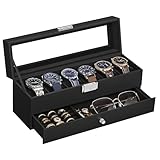 SONGMICS Uhrenbox, Uhrenkasten mit Glasdeckel, 2 Ebenen, für 6 Uhren, abschließbar, 1 Schublade, für Ringe, Armbänder, Geschenkidee, PU-Bezug in Schwarz, Innenfutter in Schwarz JWB060B02
