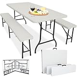 Devillo® Bierzeltgarnitur klappbar 3‑teilig – Tisch 180x74x72 cm + 2 Bänke 180x25x43 cm – Campingtisch, wetterfest & pflegeleicht, Anti‑Rutsch – mit Tragegriffen – für Camping, Garten – Weiß