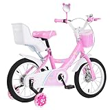HUOLE Kinderfahrrad 40,6 cm (16 Zoll), mit Rücktrittbremse und Stützrädern, für Mädchen und Jungen von 5 bis 8 Jahren und älter, Rücksitze, Rückspiegel, Korb, 40,6 cm, Rosa