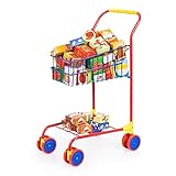 Bayer Design 75002AA Einkaufswagen Supermarkt Kinder, mit Spiellebensmittelkartons, Metall, integrierter Sitz, Kaufladenzubehör, bunt/Inhalt, Large