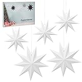 eLander 5 Stück Papiersterne Weiß, 30 cm x 3 + 45 cm x 2, Skandinavisch Weihnachten Papier Sterne Weihnachtsdeko, 9 Zacken Weihnachtssterne für Zimmer Fenster