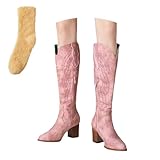 Xytraiihw Damen Retro Cowboy Stiefel, Bestickt Round Toe Langschaftstiefel Mit Blockabsatz Slip on Westernstiefel Breite Wade Kniehohe Boots Weitschaftstiefel,Rosa,38 EU