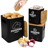 Aevcvok 3er Set Kartoffel Aufbewahrungsbox, Vorratsdosen für Kartoffeln Zwiebel Knoblauch Aufbewahrung mit Bambusdeckel, Hält Gemüse Länger Frisch Zwiebeltopf Knoblauchtopf Kartoffelbox, Schwarz