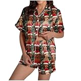 Generisch Weihnachtspyjama-Set für Damen Weihnachtsmann-Print aus Seidensatin mit modernem Live Vibe Druck kurzer Ärmellänge für Festliche Komfortnächte