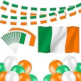 Blulu St. Patricks Tag Dekorationen 150 x 90 cm Irland Flagge 12 Handgehaltene Flaggen Irland Fahne Wimpelkette und 30 Latex Ballons für Schule Innen Außen Sport Party Deko Irland Nationalfeiertag