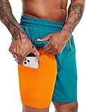 Atforna Badehose Herren mit Kompression Liner Badeshorts Lang 2 in 1 Schwimmhose Atmungsaktiv Schnelltrocknend Surfen Swimming Shorts mit Kordelzug Pfauenblau M