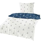 Traumschlaf Seersucker Wendebettwäsche • Sommer Bettwäsche aus 100 % Baumwolle • Maritimes Anker-Motiv Blau Weiß • Bügelfrei & Atmungsaktiv • Pflegeleicht 135x200 cm + 80x80 cm