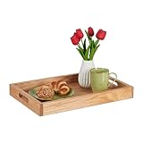 Relaxdays Serviertablett, Holz & MDF, HxBxT: 5 x 46 x 31 cm, Essenstablett mit Griffen, hoher Rand, rechteckig, natur