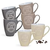 Jumbo Tassen 6er Set mit Spruch 'COFFEE TIME' in creme, beige, grau - Große 400ml Keramik Kaffeetassen für Tee, Kaffee, Cappuccino - XXL Tassenset spülmaschinenfest und mikrowellengeeignet Geschenk