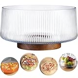 NiHome Extra Große Salatschüssel aus Glas mit Akazienholz-Boden, Rippendesign, Übergröße für Familienessen, Partys und Zusammenkünfte，Vielseitige Servierschale für Salate, Pasta, Obst und Snacks