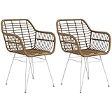 HOMCOM Esszimmerstühle 2er Set Küchenstuhl mit Rückenlehne, Kunstrattan-Optik, Sessel mit Fußpolster, Wohnzimmerstuhl, Stühle mit Stahlbeine für Esstisch, Hellbraun+Weiß
