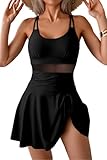 VILOREE Damen V-Ausschnitt Badekleid mit Slip Einteiliger Badeanzug mit unregelmäßigem Röckchen Bauchweg Schwarz (128) L