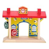 HANABASS Holzeisenbahn Zubehör Bahnübergang mit Straßensperren und Bahnhof für Ab Jahren Pädagogisches Schienenset mit Verkehrserziehung und Kreativem Spiel Motorikförderndes Holzspielzeug