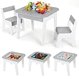 MAMIZO Kindertisch mit 2Stühlen, Kinder Tisch Stuhl Set, Kindersitzgruppe,Kindertisch,Kindermöbel für Kinderzimmer,Stauraum,Doppelseitiger Maltisch& Bauplatte,Kindersitzgarnitur,Sitzgruppe (Grau)