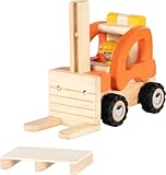 goki 55850 - Gabelstapler aus Holz, Robustes Spielfahrzeug mit beweglichen Gummireifen, verstellbare Ladefläche und Palette, fördert die Motorik und Fantasie der Kinder, 20cm x 9cm x 15cm, ab 2 Jahre
