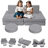 MeMoreCool Spielsofa für Kinder, Modulares Sessel Couch für Kuschelecke Kinderzimmer, Schlafsofa, 8-teiliges Kinder Sofa Spielset, Schaumstoff Sofa Bed mit Schlaffunktion für Mädchen Jungen, Grau