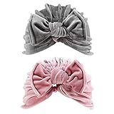 Healeved 2 Stück Reifenkappe Seidenhaube für Kleinkinder Neugeborener Sonnenhut Mütze mit Schleife Bucket Hat Halstuch Turban babyhut Bowknot-Turban Pleuche-Hut Goldener Samt