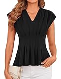 GRACE KARIN Frauen Sommer V-Ausschnitt Wickelbluse Casual Kurzarm Loose Fit Solid Farbe Tunika Top Schwarz L