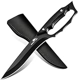 SMITH CHU Full-Tang Outdoor Messer, D2-Stahl Camping Messer mit Lederscheide, Schwarz Feststehende Klinge Scharfes, Ergonomischer Griff mit Handschutz, Männergeschenk für Feiertage