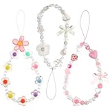 Styquenzer 3 Stück Süße Handyanhänger Mit Perlen, Handy Anhänger Charms, Handy Anhänger Kette Cute, Süßer Handy Anhänger Mit Perlen, Handy Lanyard Mit Herz Perlen Band (Weiß Und Rosa)