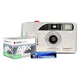 AgfaPhoto Analogkamera Compact FF motorisierter Filmtransport, Blitz, für 35mm Farb- und Schwarz/Weiß-Filme, inkl. Trageschlaufe, Kamerabeutel, Batterie und AgfaPhoto APX 400 S/W Film.