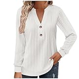 Bluse Damen Sommer Langarm T-Shirt mit V-Ausschnitt und Knopfleiste Sommershirts Elegant Vintage Tunika Oberteil Locker Plissiert Longshirt Neuartige Drucke Longbluse Tee Tops