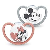 NUK Sauger Space | 6-18 Monate | Lutscher mit extragroßen Belüftungsöffnungen | Silikon BPA-frei | Disney Mickey und Minnie Mouse, Grau und Rosa | 2 Einheiten
