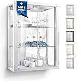 K-Möbel Hängevitrine in Weiss (80x60x25 cm) mit 2 höhenverstellbaren Glasböden, Spiegel & LED - Modellauto Vitrine Weiß - Vitrinenschrank Weiss - Sammlervitrine - Glasvitrine Regal Glas Mini Vitrine