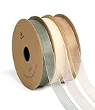 Vitalizart 0,95 cm x 27,4 m Organzaband in Creme & Gold & Grün, 3 Rollen x 9.14 m, Geschenkband für Geschenkverpackungen, Bastelarbeiten, Weihnachtsbaumschleifen, Hochzeitseinladungen, Blumensträuße